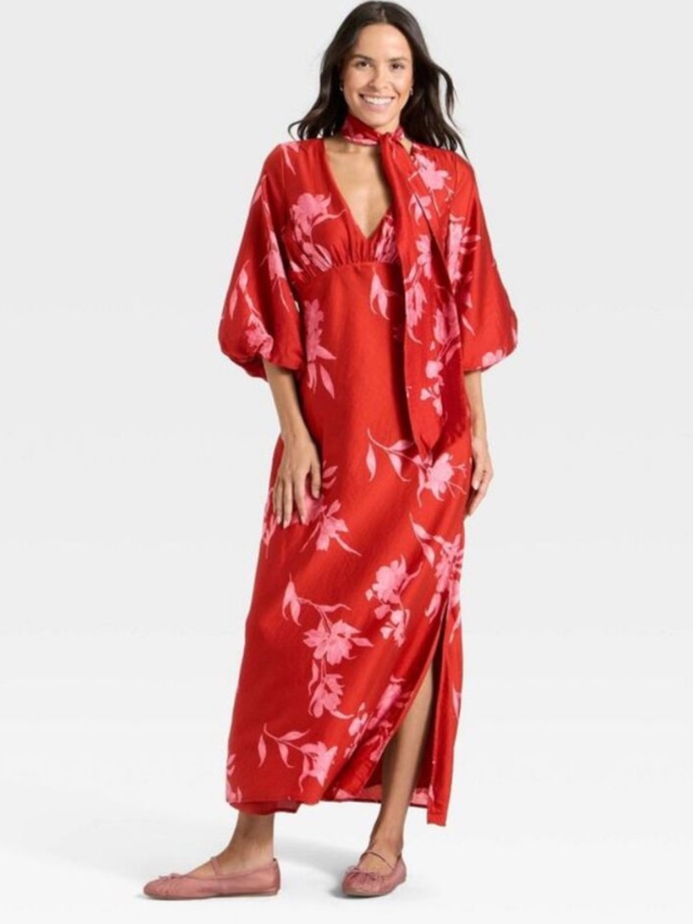🆕 A New Day Red Pink Tie Neck Floral Maxi Dress -XL